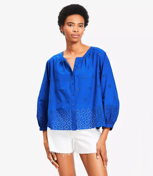 Blouson Sleeve Cotton Eyelet Top