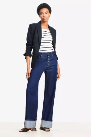 Cuffed Wide-Leg High-Rise Jeans in Deep Rinse
