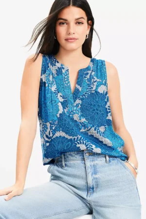 Pleated Floral Top with Mixed Fabric Detail
