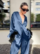 Marthaqiqi Feathers Long Sleeve Pajamas Sleepwear