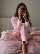 Casual Pink Plaid Nightwear Set for Women