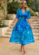 European & American Deep V-Neck Printed Summer Dress