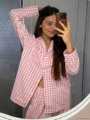 Casual Pink Plaid Nightwear Set for Women