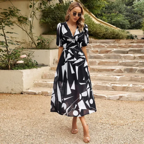 European & American Deep V-Neck Printed Summer Dress
