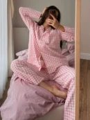 Casual Pink Plaid Nightwear Set for Women