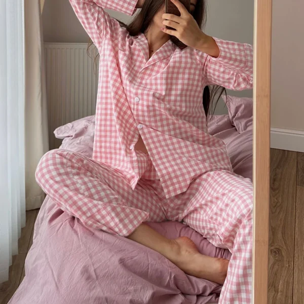 Casual Pink Plaid Nightwear Set for Women