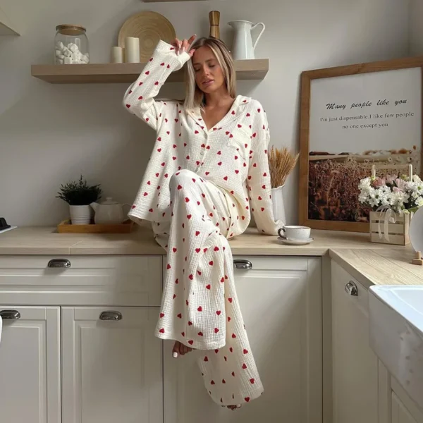Summer Cotton Sleppwear Set – Love Heart Print, Long Sleeve