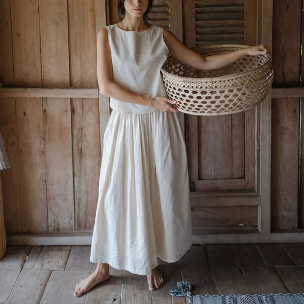 Cotton Linen Sleeveless Top & Long Skirt Set – Summer Casual
