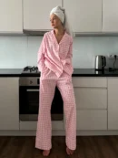 Casual Pink Plaid Nightwear Set for Women