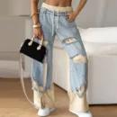 Women’s Contrast Patchwork Ripped Baggy Jeans – Elastic Drawstring Denim Pants