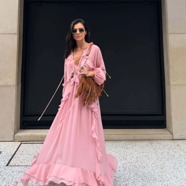 Early Autumn Layered Ruffled Chiffon Long Sleeve Dress